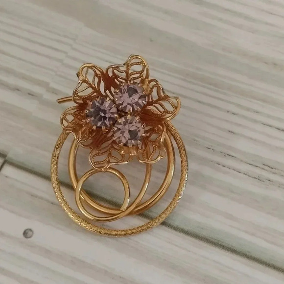 Gold Tone Circular Fashion Pink Rhinestones Brooch Pin 1" - Picture 5 of 5